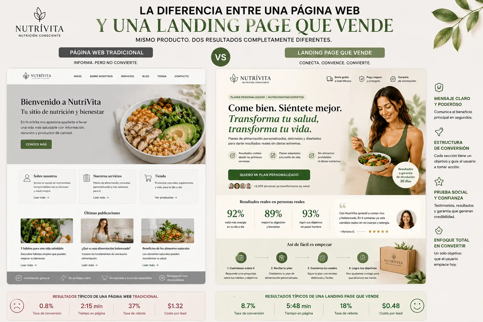 Nutrición — La diferencia entre tener una web y tener una landing que VENDE