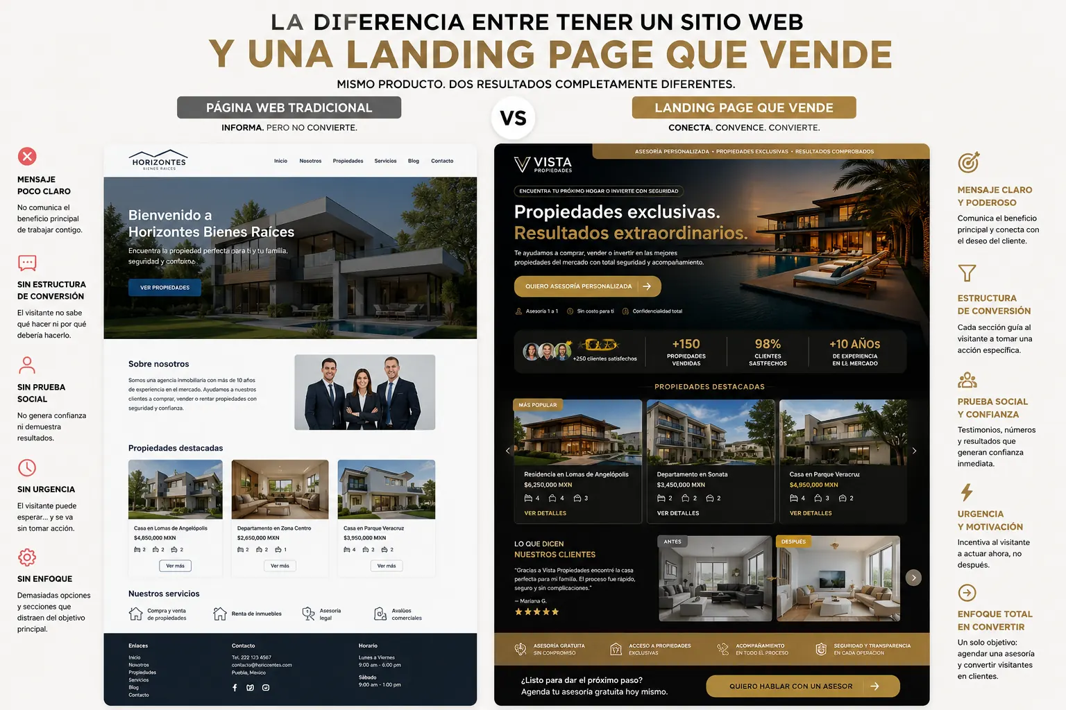 Inmobiliaria — La diferencia entre tener una web y tener una landing que VENDE